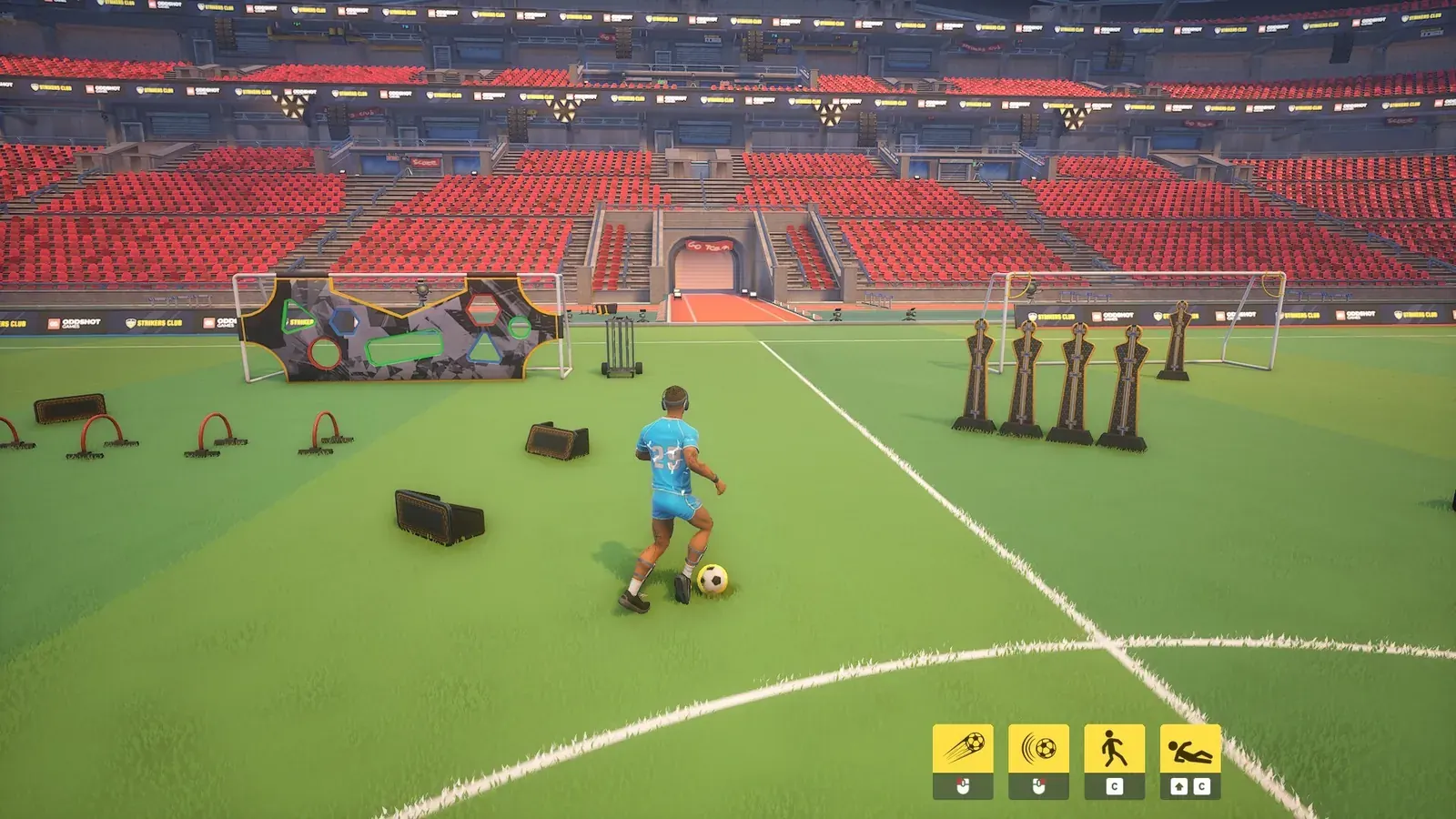 Strikers Club multiplayer football match — players contest the ball on a lit pitch